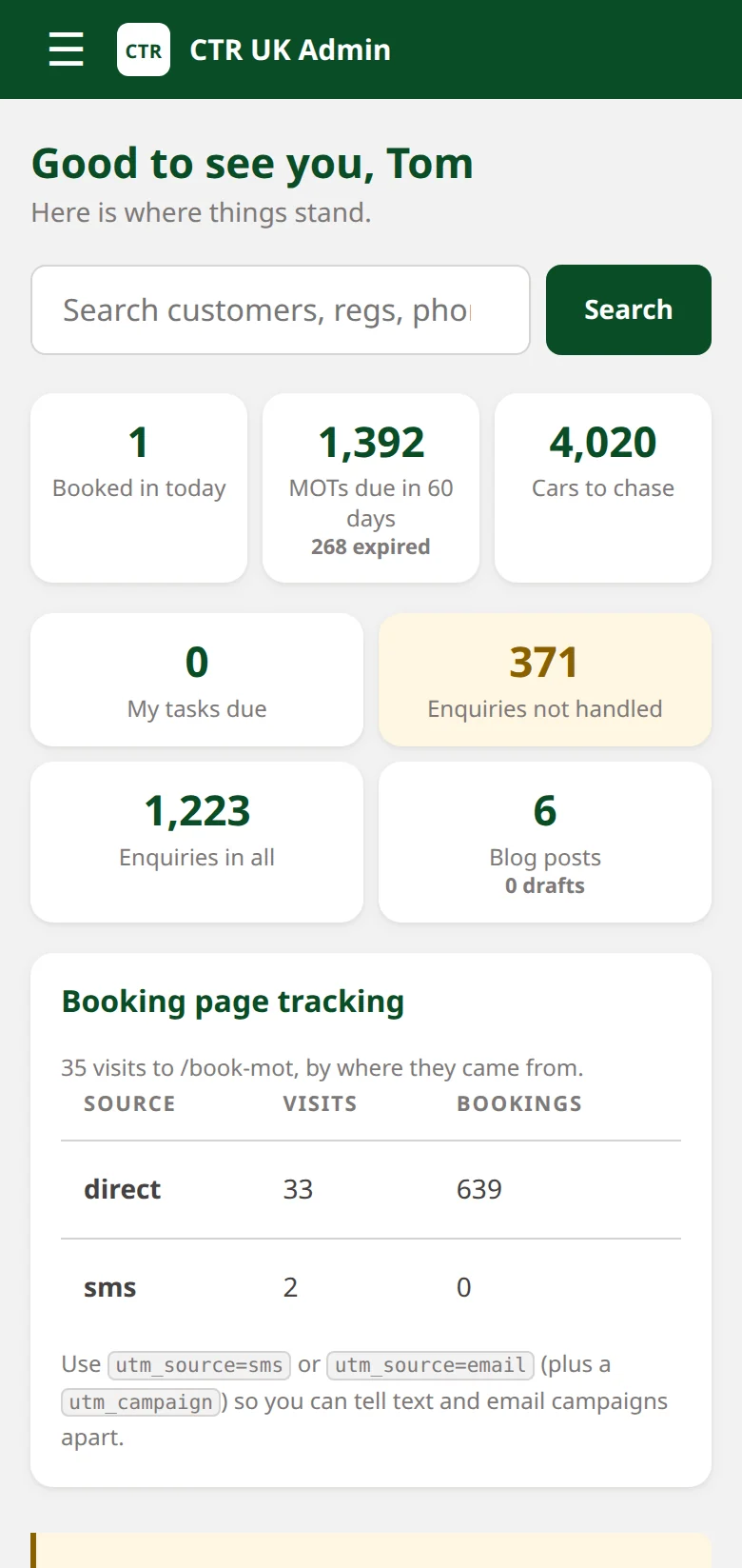 The same back office dashboard on a phone