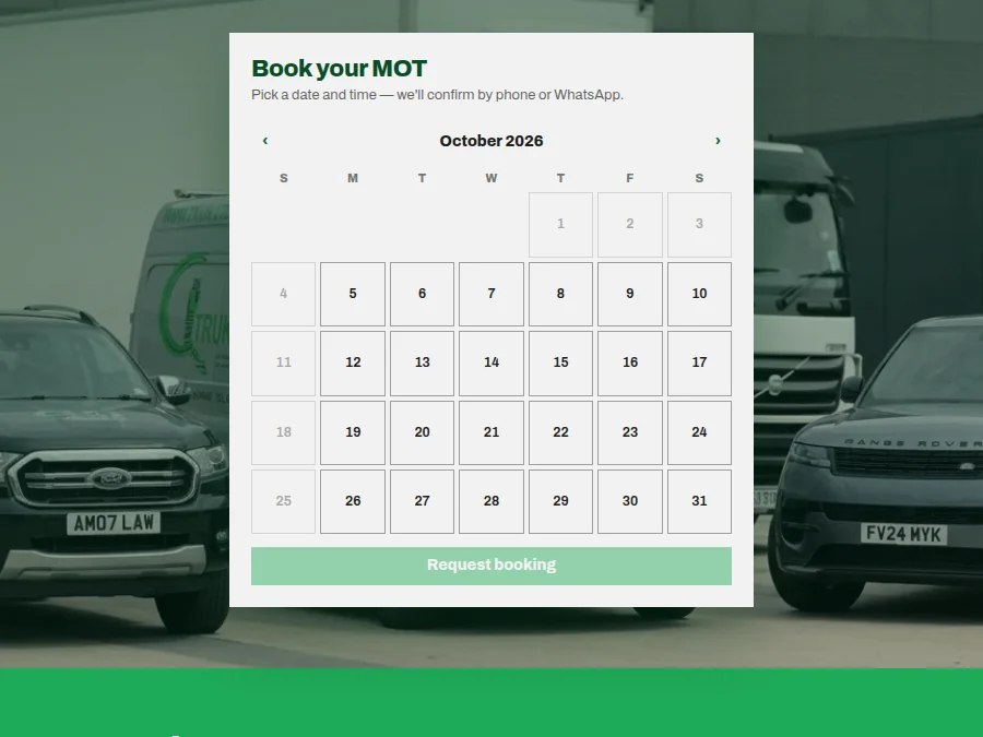 The Book your MOT calendar, with closed days greyed out and a Request booking button