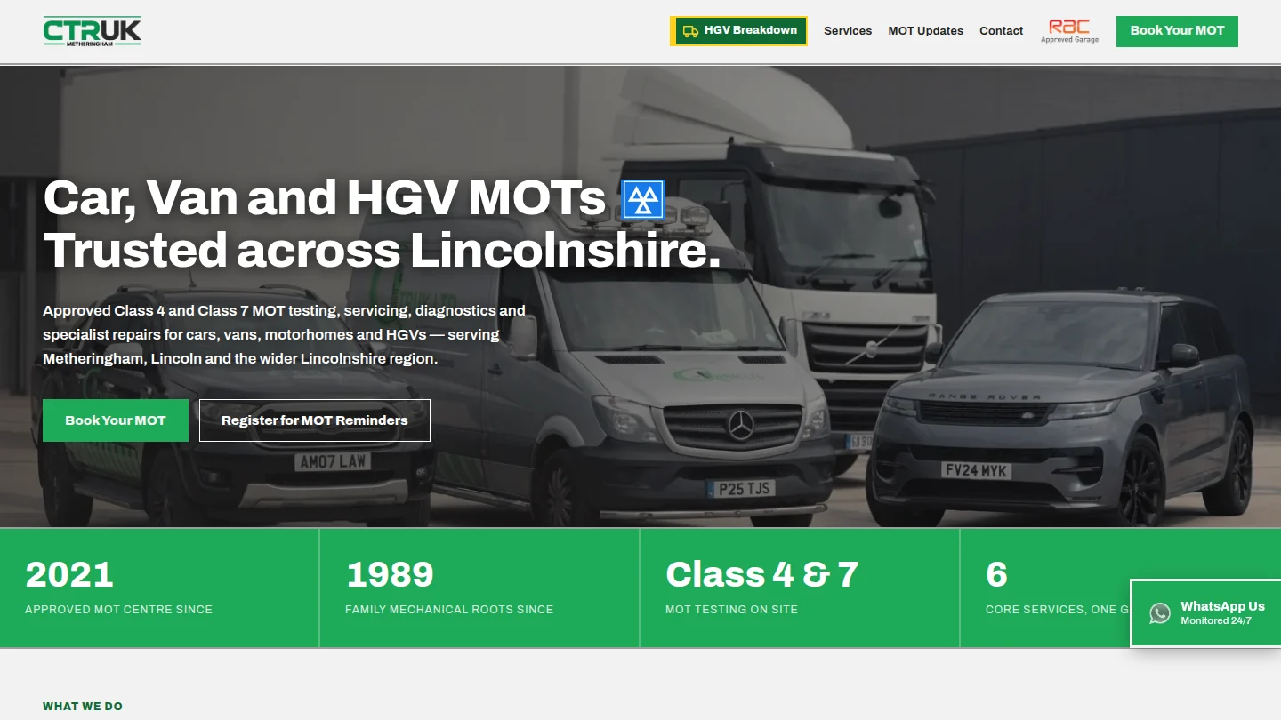 The CTR UK LTD homepage: Car, Van and HGV MOTs trusted across Lincolnshire, with Book Your MOT and Register for MOT Reminders buttons