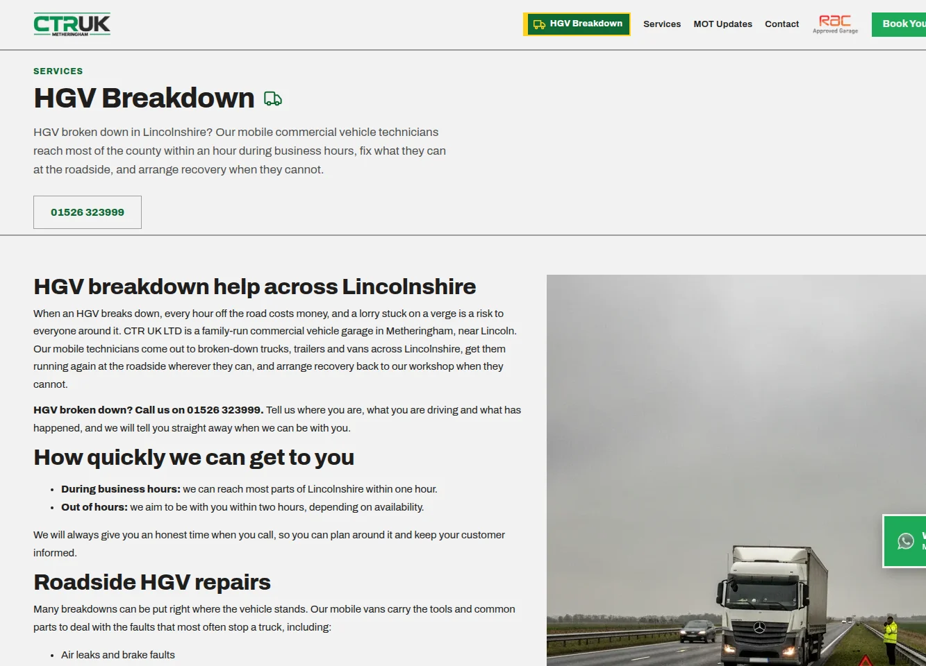 The HGV Breakdown service page, with a call-out number and a photo of a lorry on the roadside