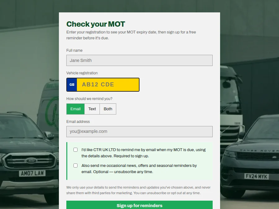 The Check your MOT form: name, a yellow number-plate registration field and a choice of email or text reminders