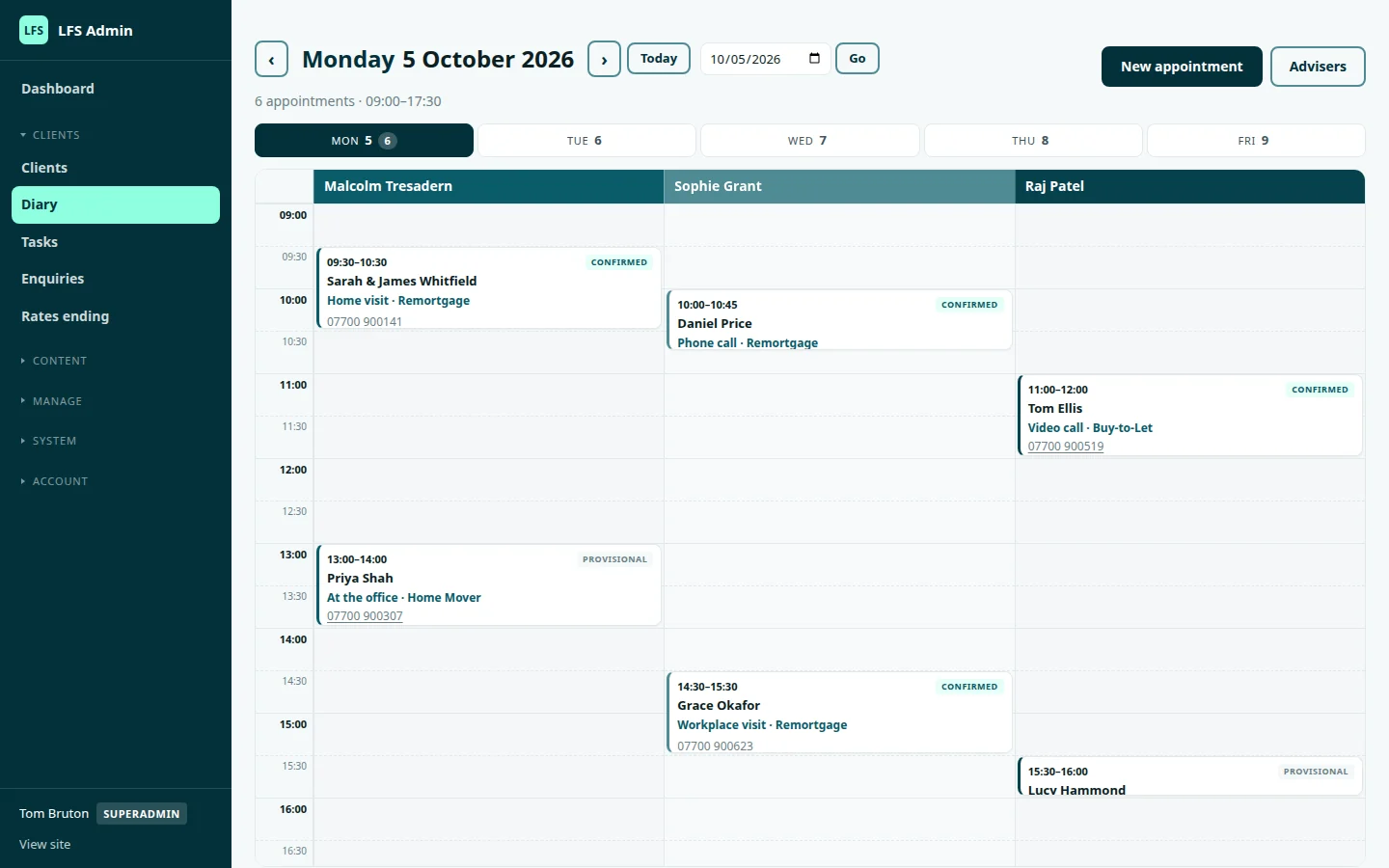 The adviser diary: a day view with a column per adviser and confirmed and provisional appointments
