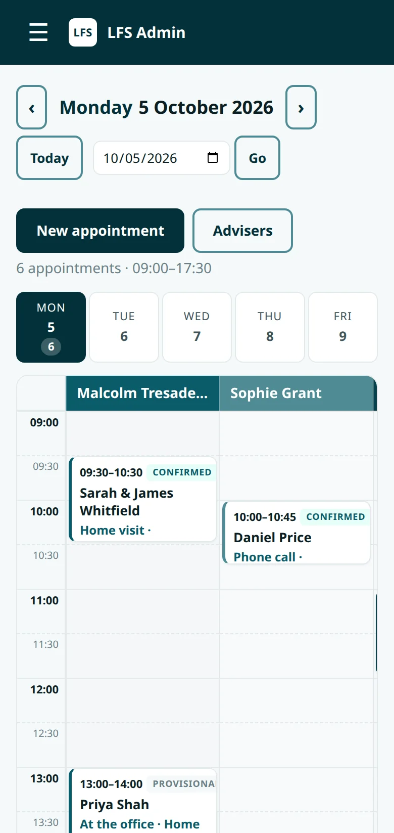 The same adviser diary on a phone