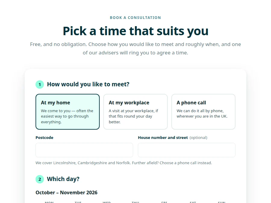 The Pick a time that suits you booking page, offering a home visit, workplace visit or phone call