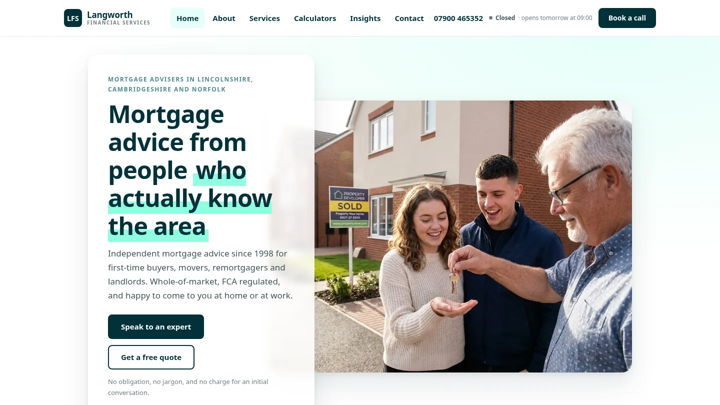 The Langworth Financial Services homepage: mortgage advice from people who actually know the area, with a photo of a couple collecting their keys
