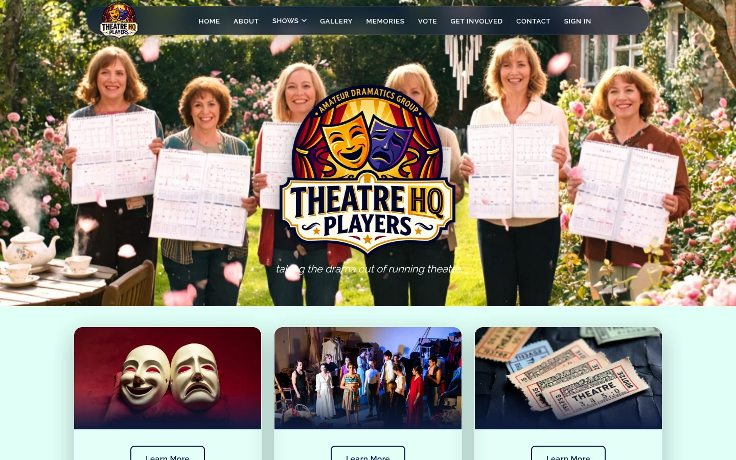 The TheatreHQ demo site for Theatre HQ Players: a floating navy menu over a garden photo of smiling members holding rehearsal calendars, the company crest and three picture cards below